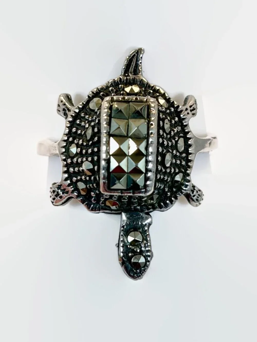 Vintage RIng, Turtle, Head Moves, Articulated, Sterling Silver, Marcasite